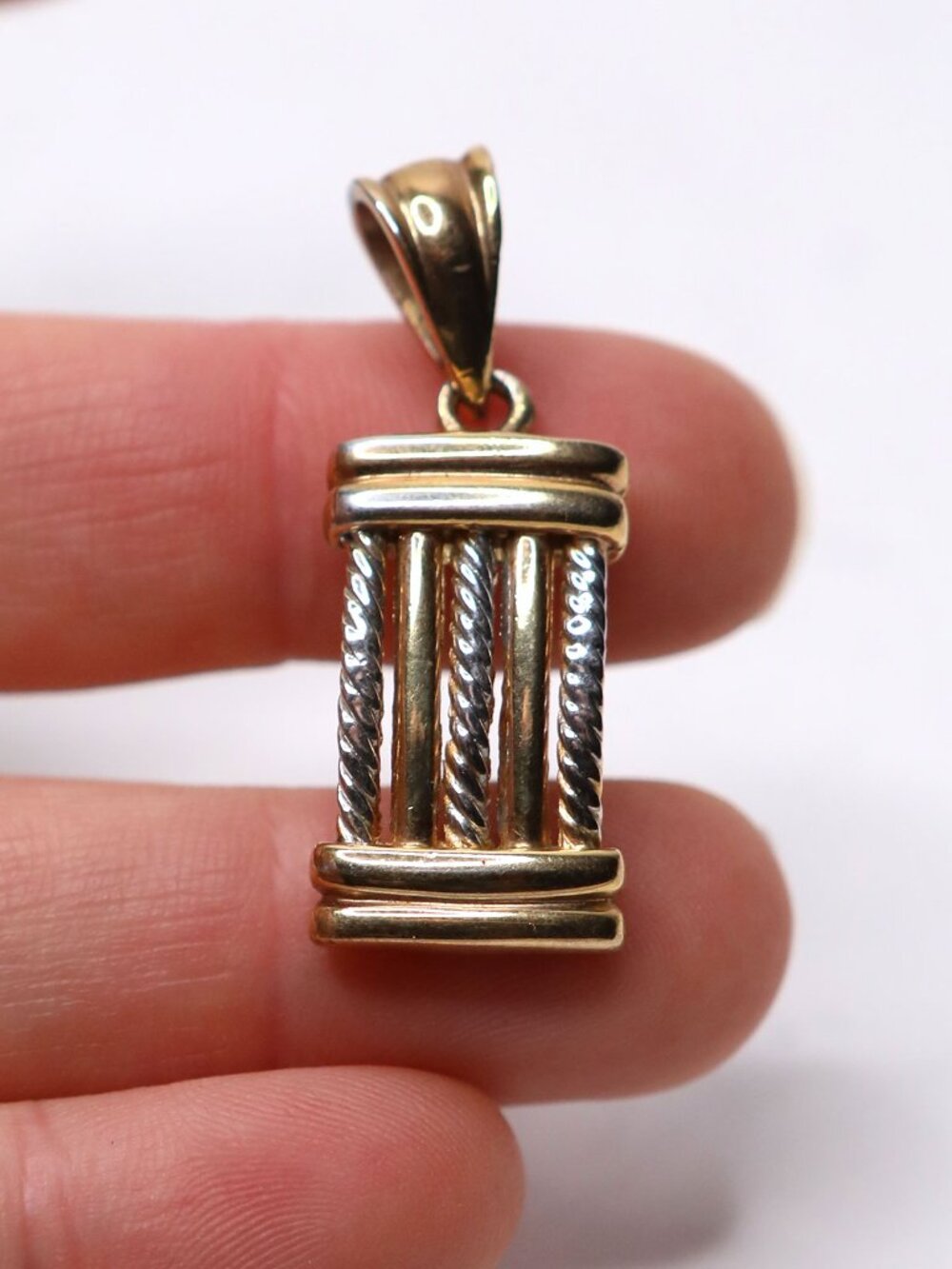 Two-Tone Gold Shell Column Pendant - Ribbed & Twisted Rope Mixed Metal Charm - Picture 7 of 10